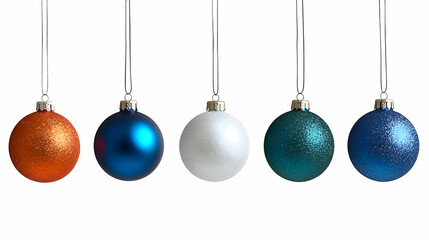 Five Colorful Glitter Christmas Ornaments Hanging Against White Background