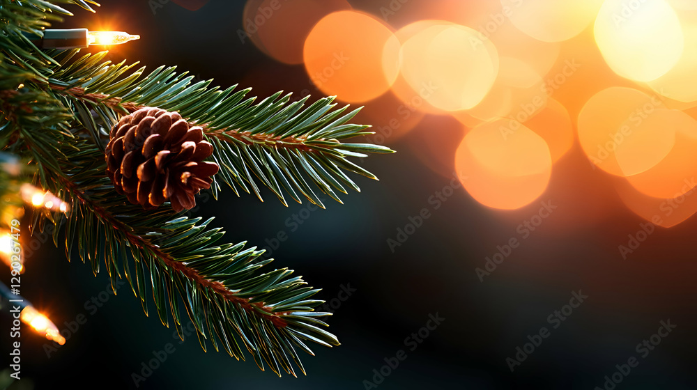 Poster close up of pine branch with pine cone and warm lights bokeh background