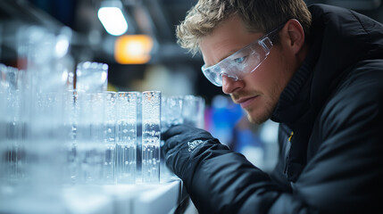 Scientist analyzing clear liquids in laboratory setting while dressed in protective gear during evening hours