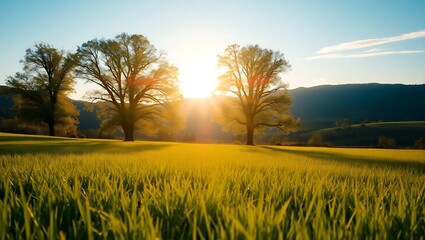 Obraz premium Serene Morning Meadow with Sunlit Trees and Rolling Hills