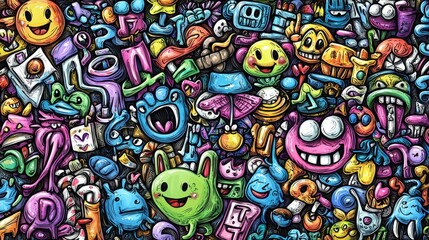 Obraz premium Colorful Cartoon Characters and Objects in a Vibrant Collage Art