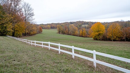 Fototapeta premium Autumn Meadow with White Fence, Rolling Hills, Tranquil Scenery, Ideal for Backgrounds, Stock Photo