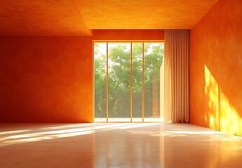 Sunny Orange Room Interior Design with Trees and Window