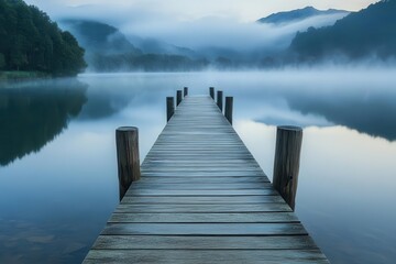 weathered wooden pier extending into misty mountain lake at dawn, with ethereal morning light reflecting on calm waters