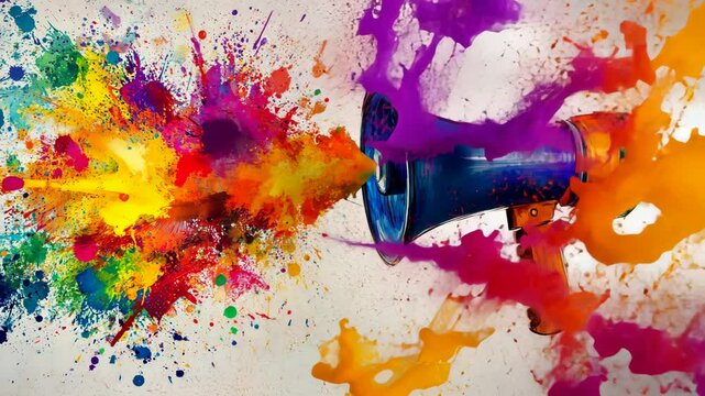 Colorful explosion from a megaphone illustrating creativity and vibrancy in an artistic event