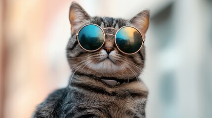Naklejka premium tabby exotic shorthair cat with Tabby motif wearing round sunglasses, set against a vibrant, white backdrop; showcasing intricate details of its plumage and a focused, almost inquisitive expression