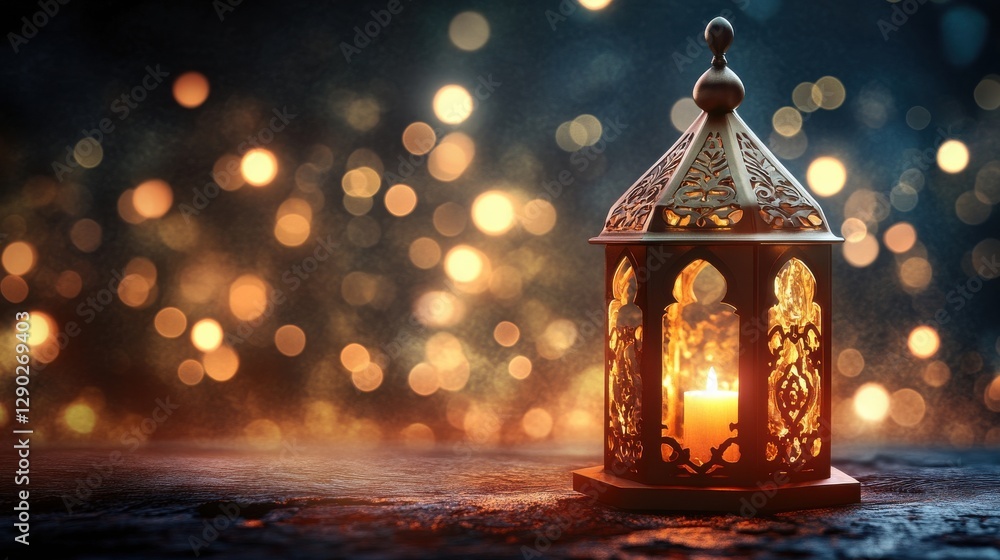 Poster elegant lantern with candle illuminating soft bokeh background