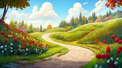 Obraz premium Serene Pathway Through Colorful Garden in Lush Landscape