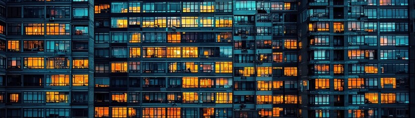 Night view of a modern building with illuminated windows creating a vibrant urban atmosphere.
