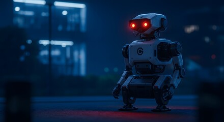 Futuristic Robot Standing in Dark City at Night with Glowing Eyes