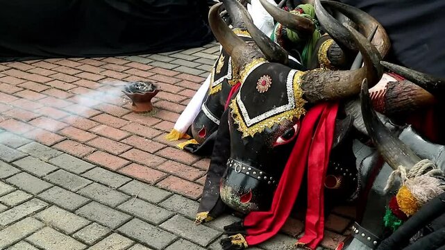 Bull head mask, used to perform bull dances usually called Bantengan, a traditional Javanese dance that imitates the movements of a bull, Indonesia Javanese culture