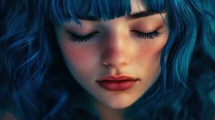 Fototapeta premium Young woman with blue hair, serene expression, closed eyes, artistic colorful portrait