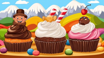 Colorful Cupcakes Against a Vibrant Candy Landscape Background