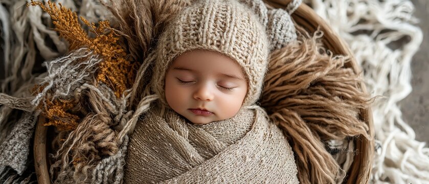 Serene newborn swaddled in natural textures and warm tones