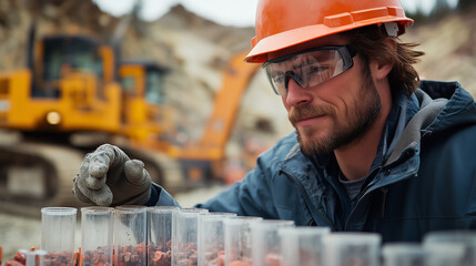 Worker analyzes mineral samples at a mining site during the afternoon, showcasing the importance of geological research in resource extraction