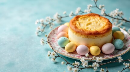 Cheesecake on a floral plate is flanked by pastel eggs and blooms, celebrating Easter's joy
