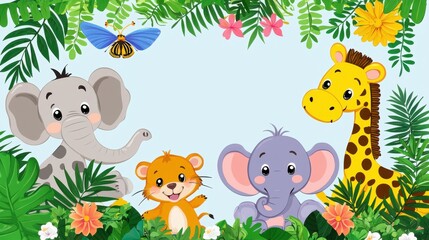 Naklejka premium Cute Cartoon Animals Surrounded by Tropical Greenery and Flowers