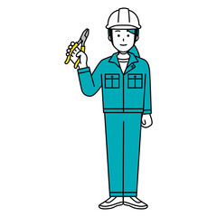 ペンチを持つ作業員の女性（全身）