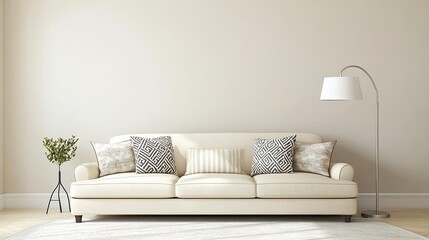 A contemporary living room with light beige walls, a luxurious sofa with patterned cushions, and a minimalist floor lamp. Gentle lighting provides a relaxing retreat.