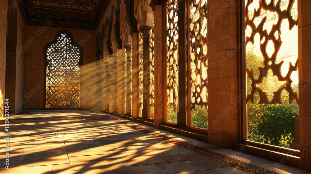 Poster elegant sunlit hallway with intricate lattice patterns and shadows