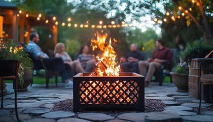 Friends gather 'round fire pit, backyard