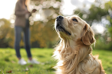 Golden Retriever Awaiting Treat in Park During Training Session Exemplifying Positive Reinforcement