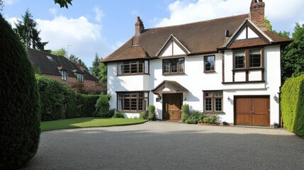 A charming white house with brown wooden trims, a large entrance, and a neatly designed driveway