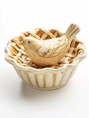 Fototapeta premium Classic ceramic pie bird vent featuring intricate details and a smooth glaze, perfect for bakers, displayed against a white backdrop for maximum visibility.