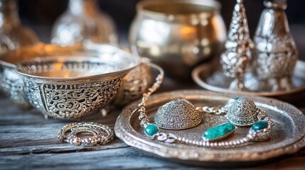 Naklejka premium Exquisite Silver Jewelry and Decorative Artifacts on Rustic Table