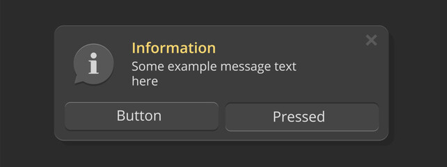 Notifications notice ui interface window for dark black interface, information text pop up element, button pressed state vector graphic modern design, push message reminder popup alert for mobile app
