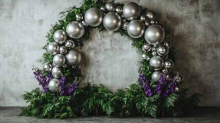 A minimalist backdrop featuring a large arch and clusters of silver balloons, surrounded by lush greenery and purple orchids, adding a touch of sophistication and calm.