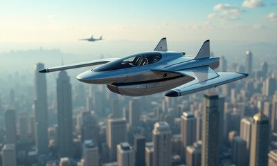 Fototapeta premium Futuristic Flying Car Cityscape Illustration - Futuristic technology