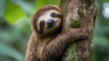 Fototapeta premium Sloth hugging tree, rainforest
