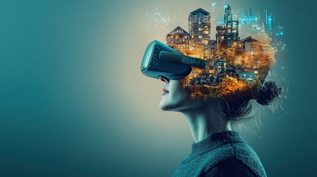 A person wearing virtual reality headset, with digital representation of futuristic city and homes emerging from their head, symbolizes innovation and technology