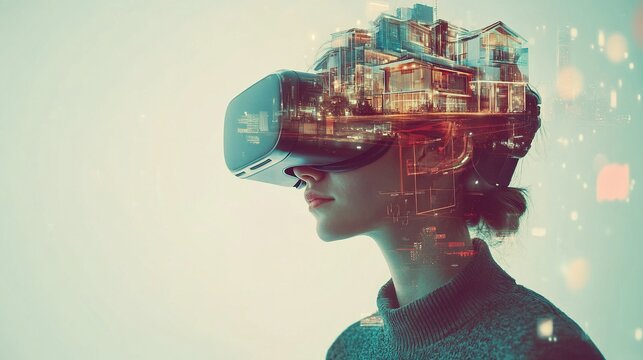 A person wearing virtual reality headset, with digital representation of futuristic city and homes emerging from their head, symbolizes innovation and technology