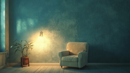 A soft blue textured wall, a beige armchair in neutral tones, and a warm night light creating a cozy room ambiance.