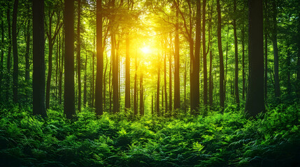 Obraz premium Sunlight streams through lush forest floor