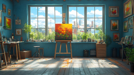 Sunlit Artist Studio with Painting