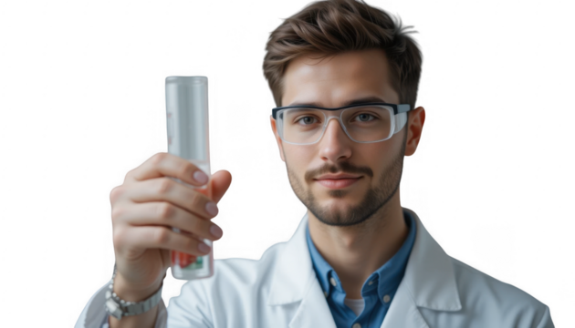 A young scientist holds a test tube confidently, showcasing a clear liquid, dressed in a lab coat and glasses.