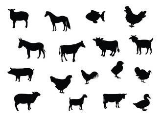 Vector Farm Animals Silhouettes Isolated on White . stock vector set farm animals silhouettes collection Isolated on white