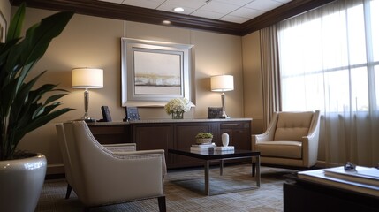 Fototapeta premium A sophisticated corporate office with a silver nameplate on the wall, perfect for branding