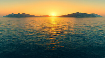 Obraz premium Sunrise over calm ocean, distant mountains