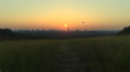 Obraz premium Sunrise over city from hilltop path