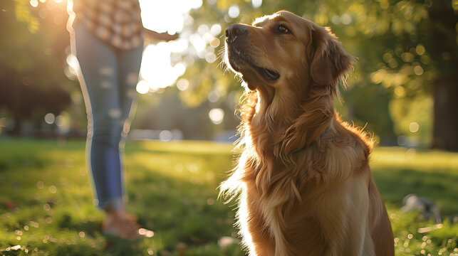Golden Retriever Awaiting Treat in Park During Training Session Exemplifying Positive Reinforcement