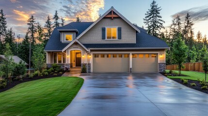An inviting suburban home with a garage and a long, well-paved driveway leading to the entrance