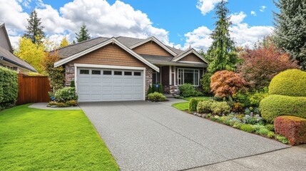 An inviting suburban home with a garage and a long, well-paved driveway leading to the entrance