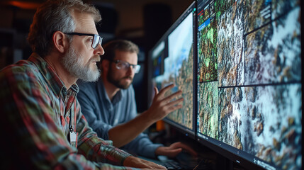 Experts analyzing geological data on multiple monitors in a dimly lit research lab during evening hours