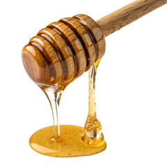 Honey dripping on wooden dripper isolated on transparent background