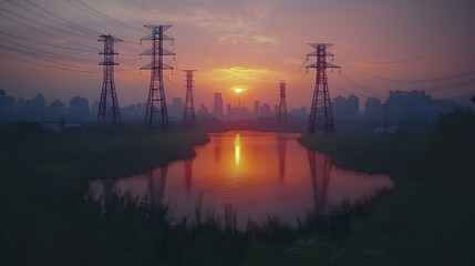 Sunrise over power lines and river