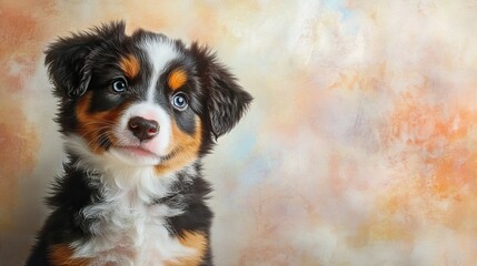 Adorable Australian Shepherd Puppy with Curious Expression Sitting Calmly Against Watercolor Background watercolor